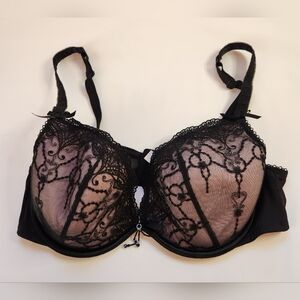 Cacique Bra 40D Lace Floral Underwire Sexy Full Coverage Adjustable Black
